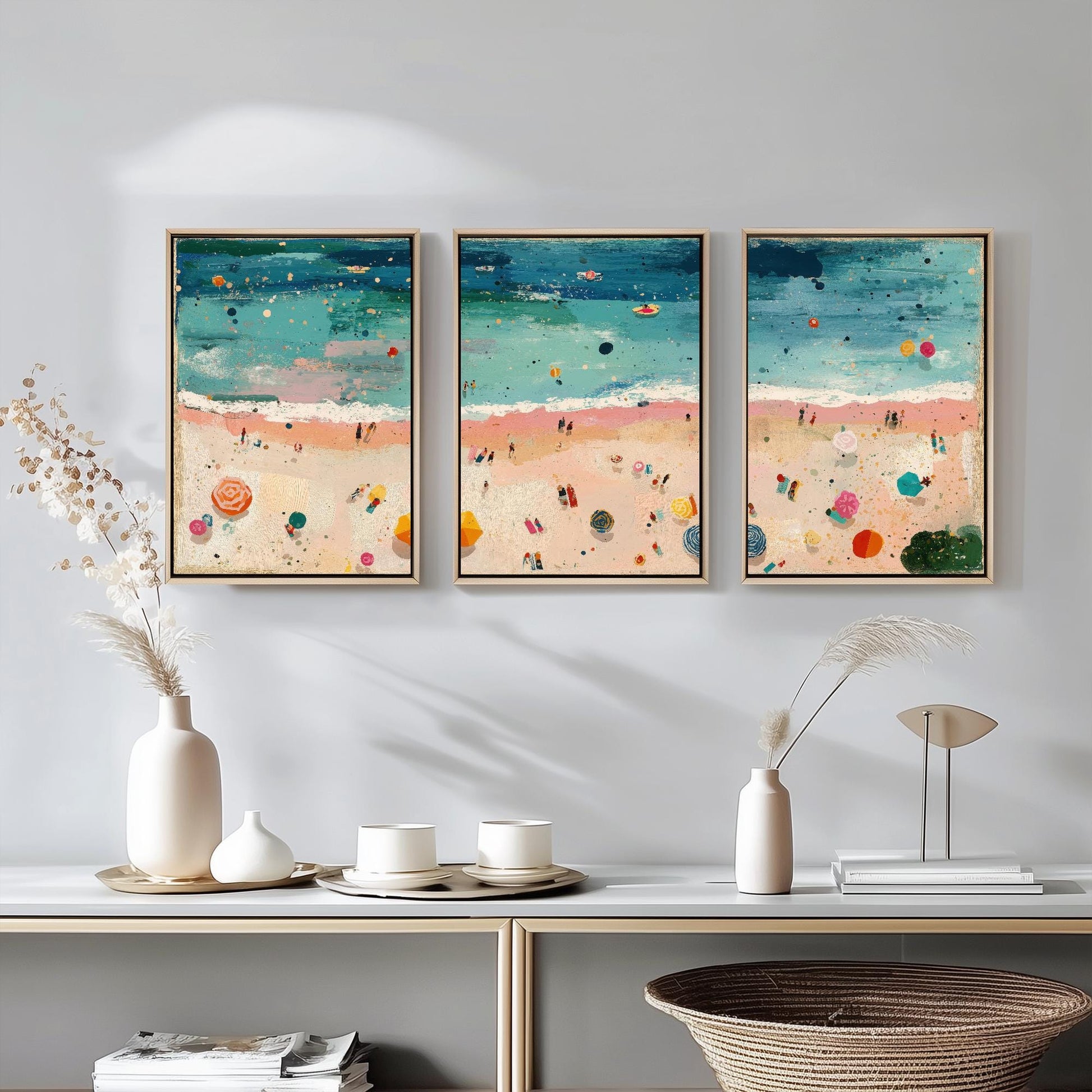 Aerial View of Weston-Super-Mare Beach Set of Three Posters - Populated Illustration of Ocean - 3 Art Prints Painting Sand Waves Mudflats