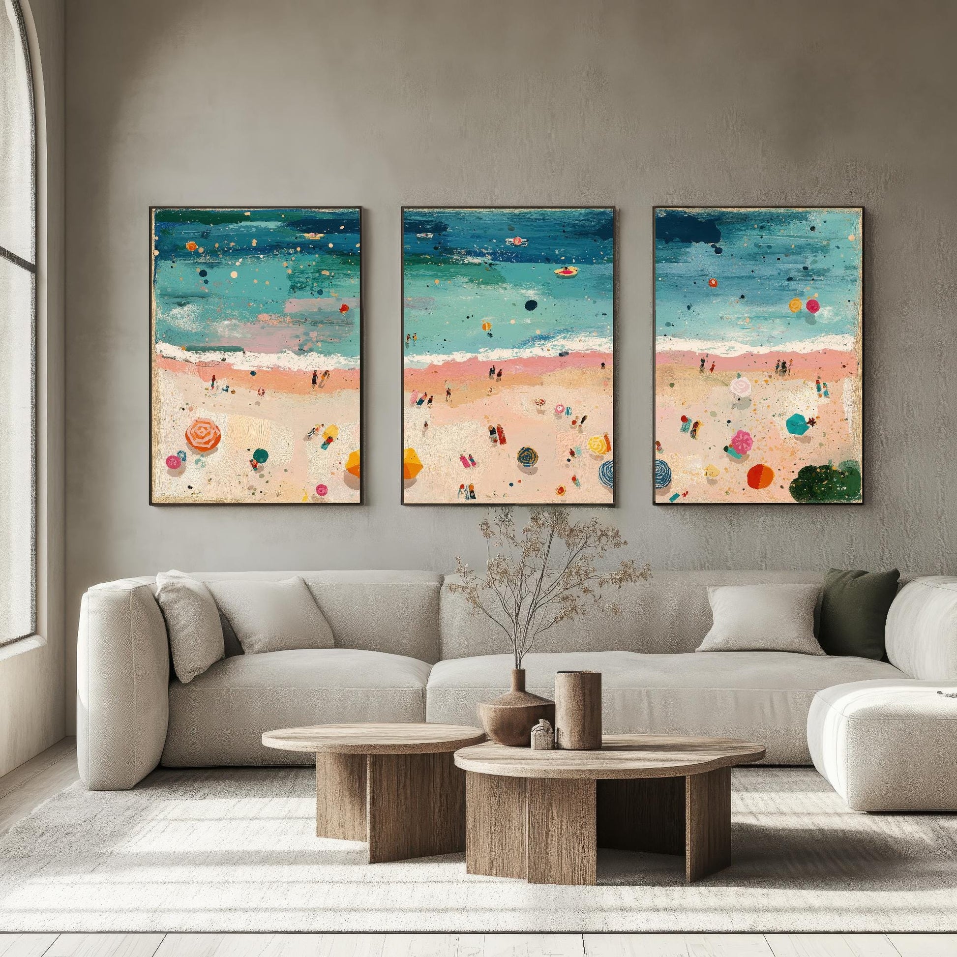 Aerial View of Weston-Super-Mare Beach Set of Three Posters - Populated Illustration of Ocean - 3 Art Prints Painting Sand Waves Mudflats