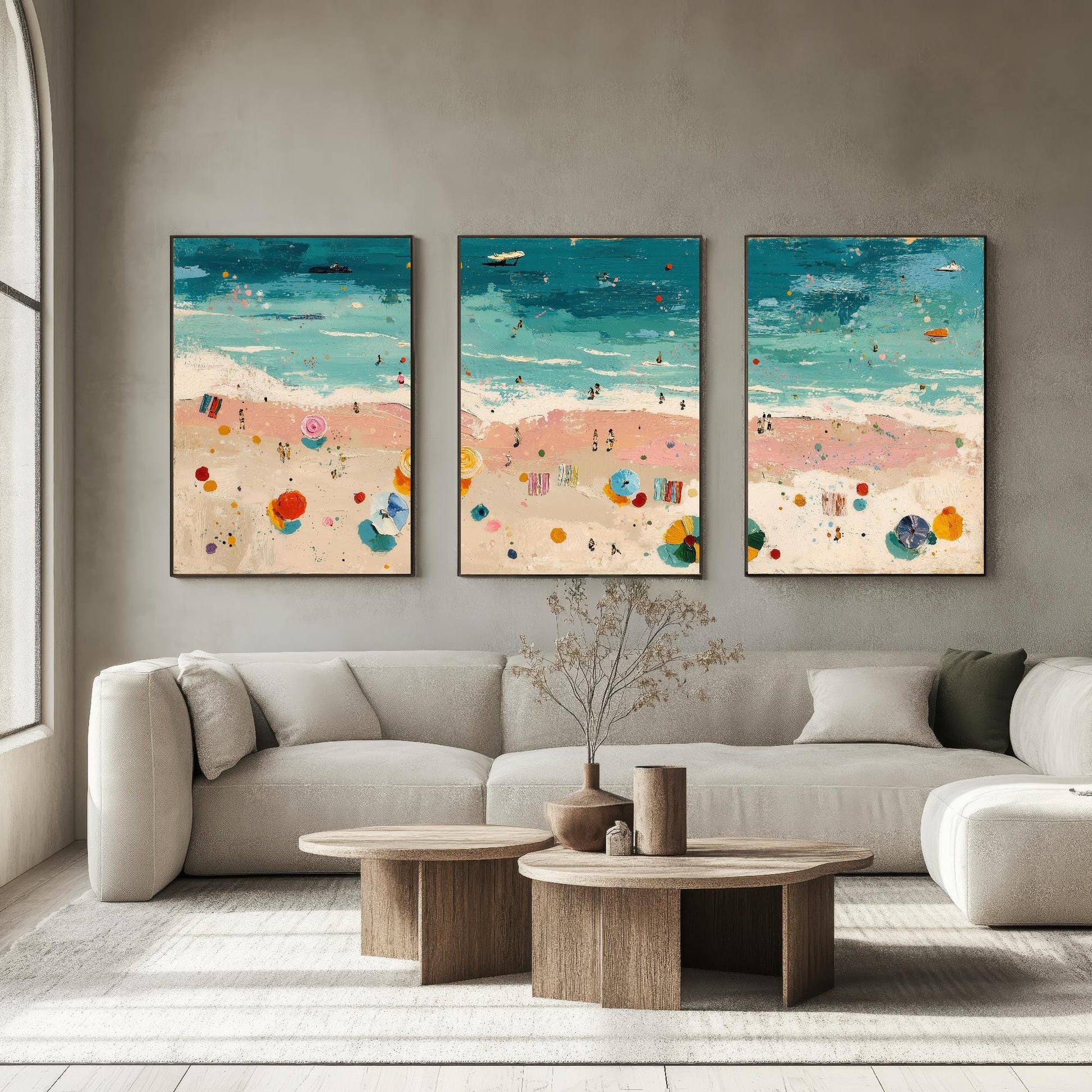 Aerial View of Blackpool Beach Set of Three Posters - Populated Illustration of Ocean - 3 Art Prints Painting Sand Waves South Shore