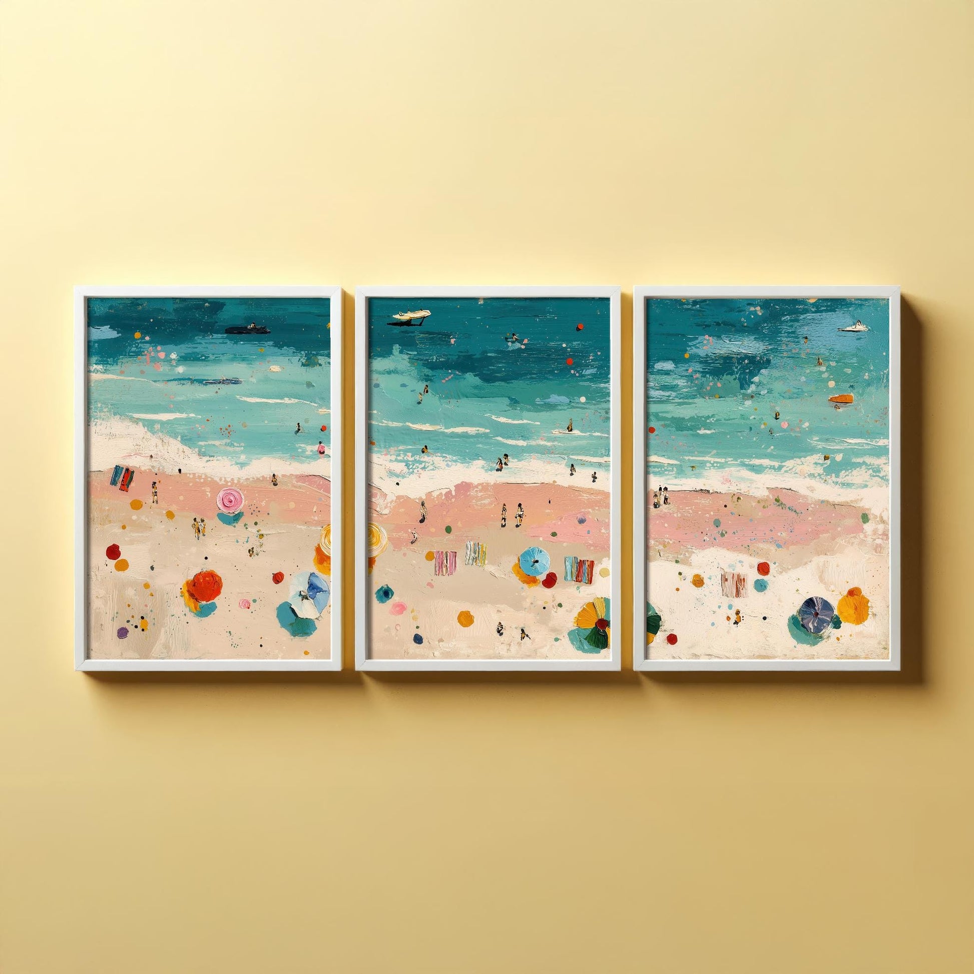 Aerial View of Blackpool Beach Set of Three Posters - Populated Illustration of Ocean - 3 Art Prints Painting Sand Waves South Shore