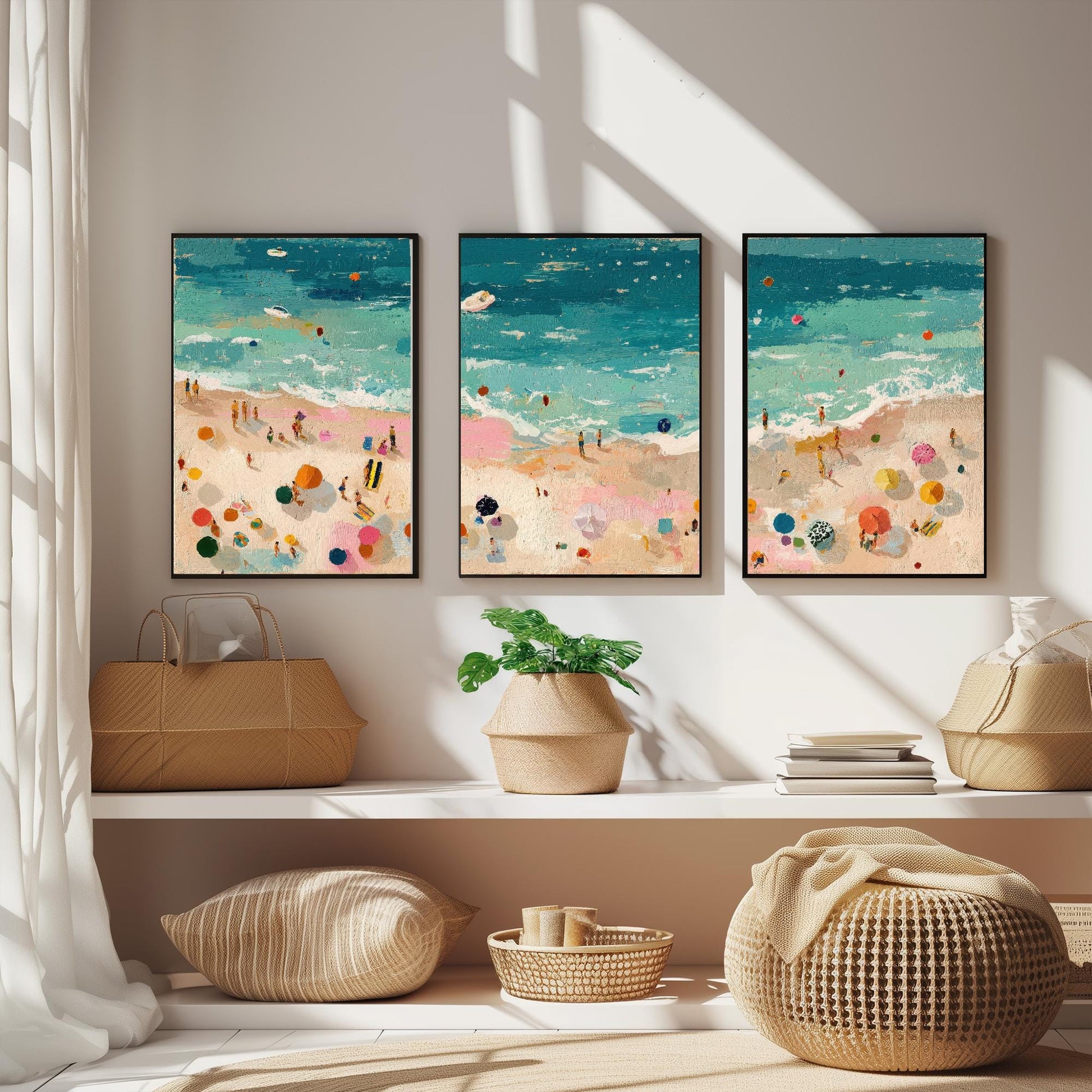 Aerial View of Tenby Beach Set of Three Posters - Populated Illustration of Ocean - 3 Art Prints Painting Sand Waves North, Castle, South