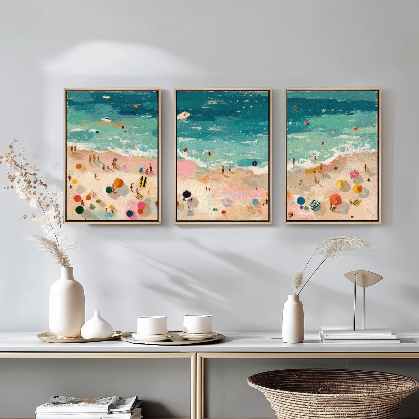Aerial View of Tenby Beach Set of Three Posters - Populated Illustration of Ocean - 3 Art Prints Painting Sand Waves North, Castle, South
