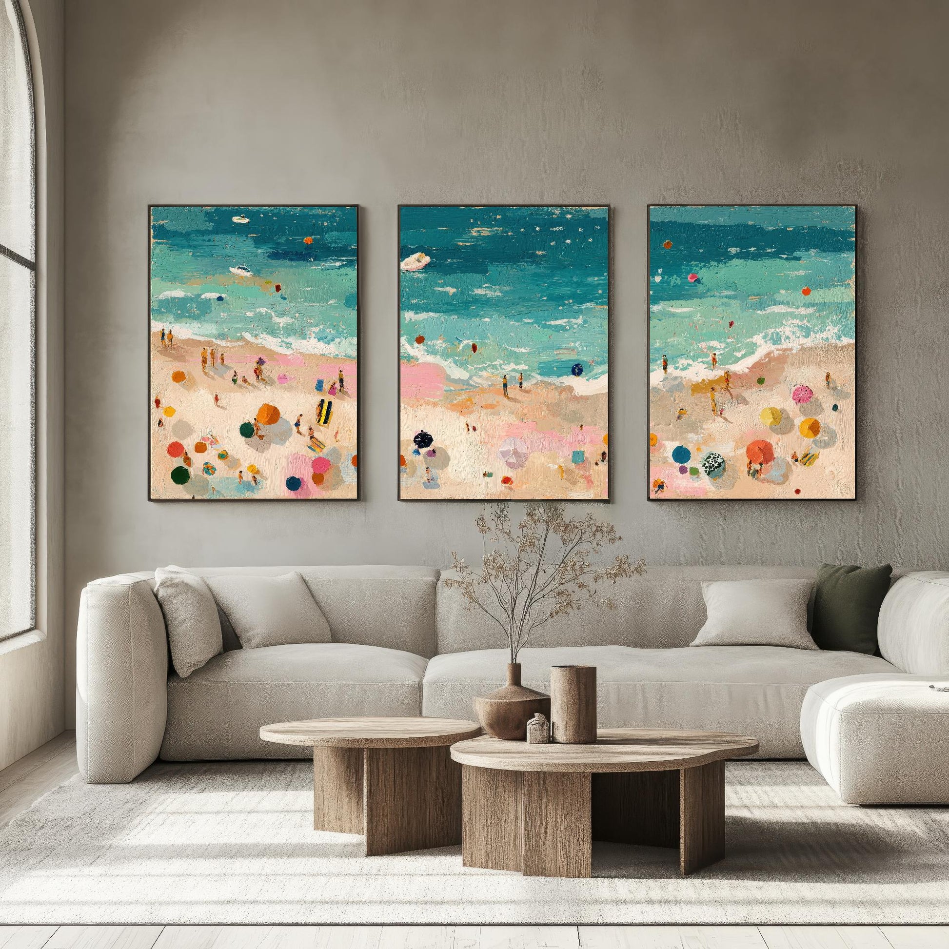 Aerial View of Tenby Beach Set of Three Posters - Populated Illustration of Ocean - 3 Art Prints Painting Sand Waves North, Castle, South