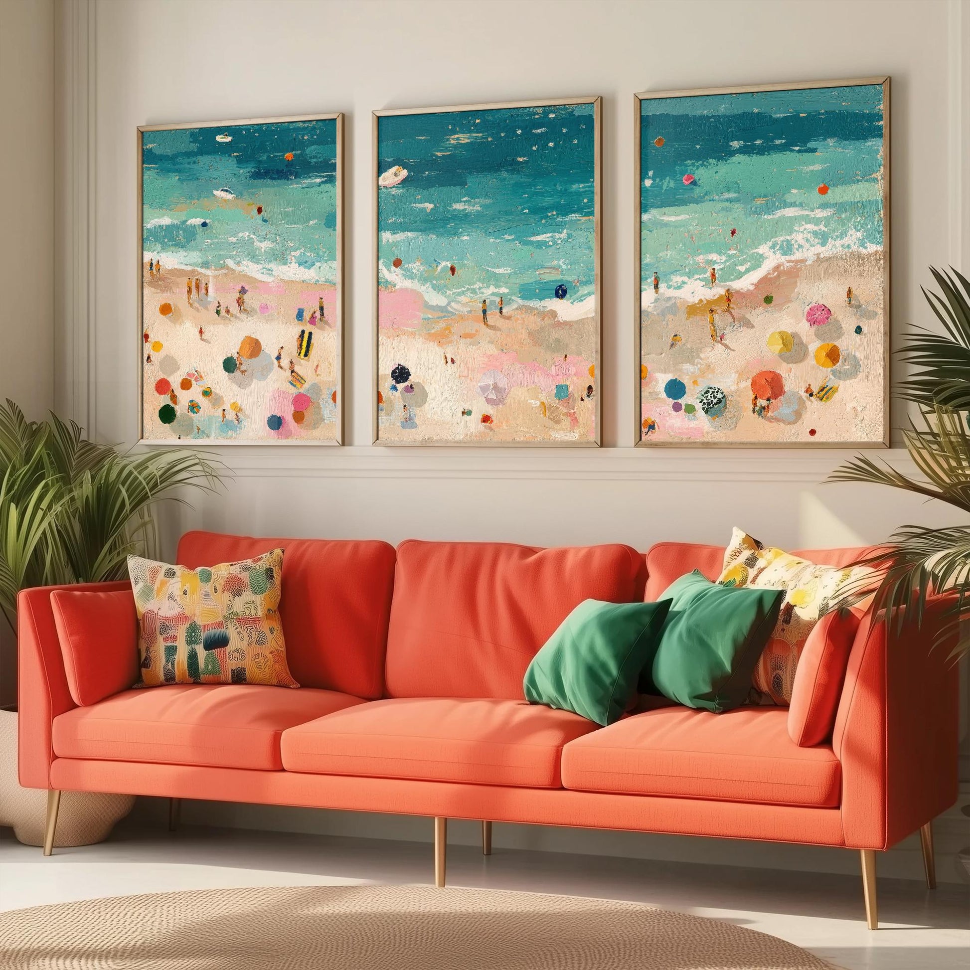 Aerial View of Tenby Beach Set of Three Posters - Populated Illustration of Ocean - 3 Art Prints Painting Sand Waves North, Castle, South