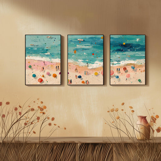 Aerial View of Scarborough South Bay Beach Set of Three Posters - Populated Illustration of Ocean - 3 Art Prints Painting Sand Waves