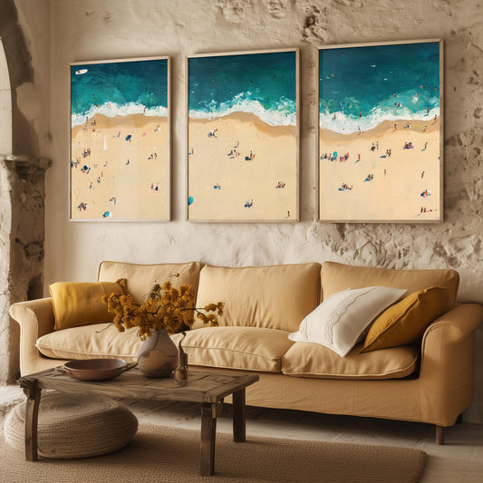 Aerial View of Bournemouth Beach Set of Three Posters - Populated Illustration of Ocean - 3 Art Prints Painting Sand Waves Coastal Sands