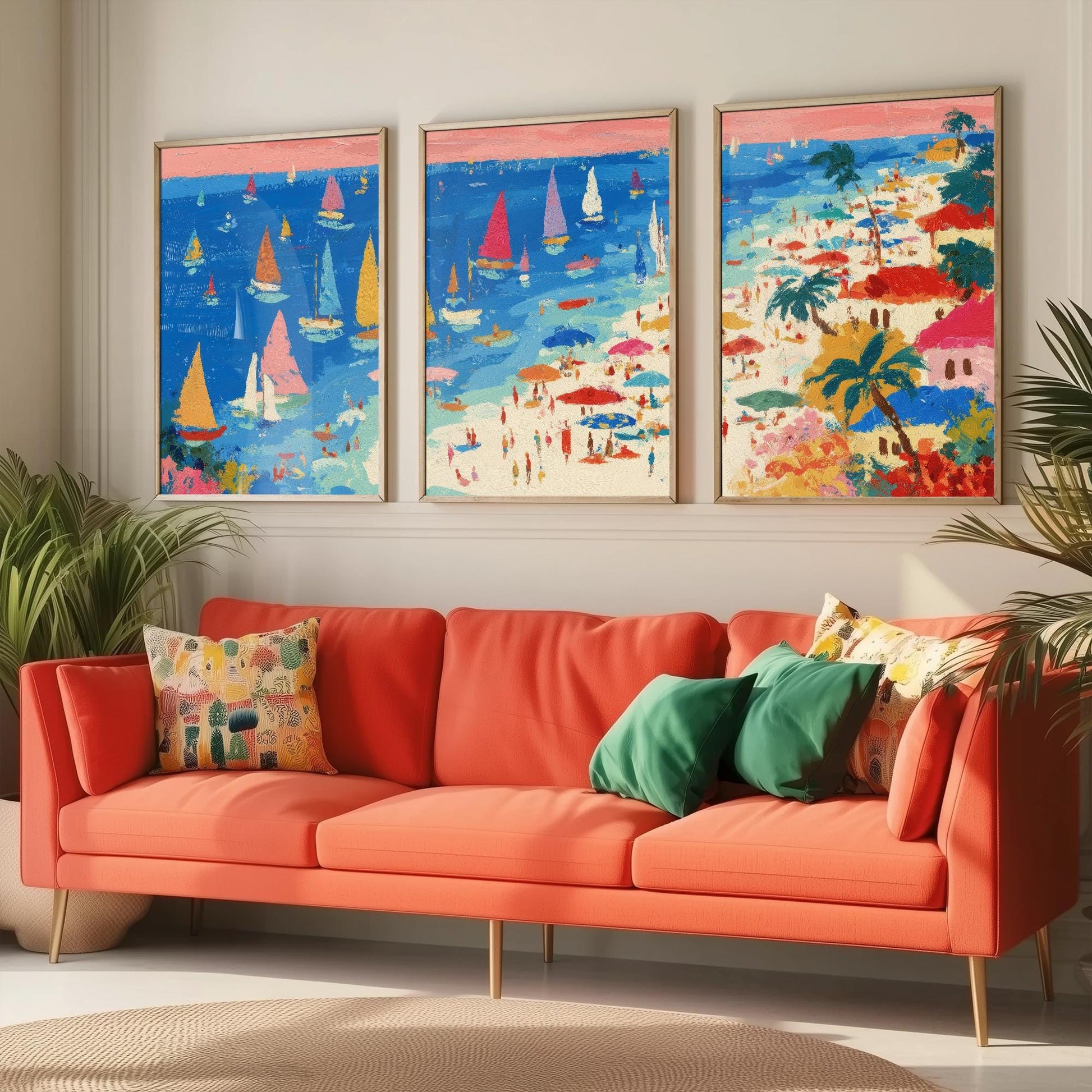 Aerial View of Porthminster Beach Set of Three Posters - Populated Illustration of Ocean - 3 Art Prints Painting Sand Waves Coastal Cornwall