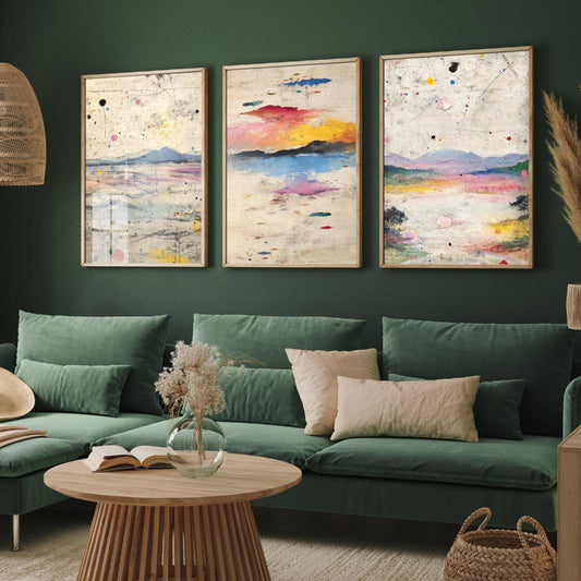 Colourful Landscape Posters - Set of Three Art Prints- 3 Strange Abstract Exposure V2 - Photo Painting Illustration Gift Mountains Sketch