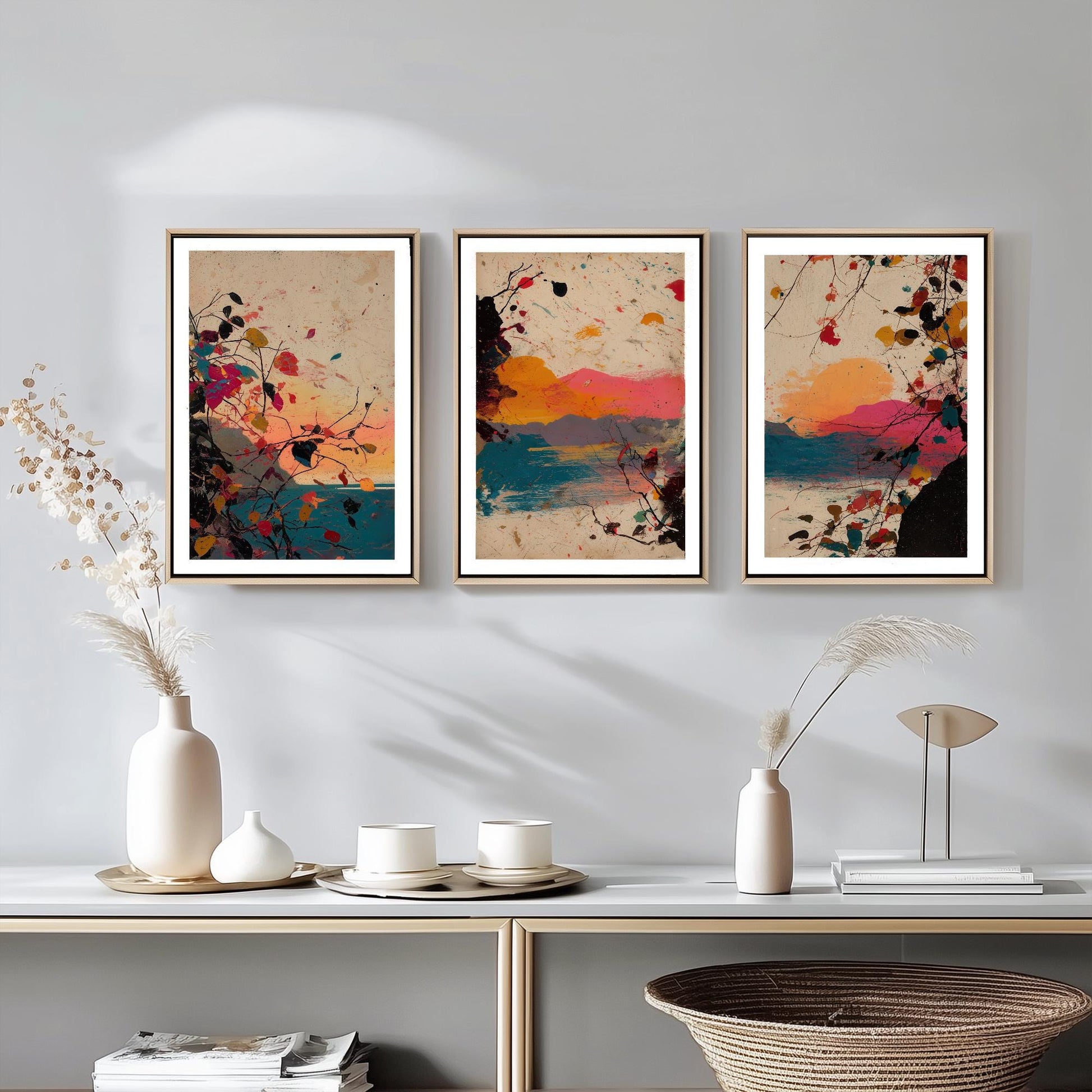 Beautiful Splash Landscape in Pink Orange and Blue - Set of Three Art Prints - 3 Poster Painting Ocean Mountain Impressionist Gift