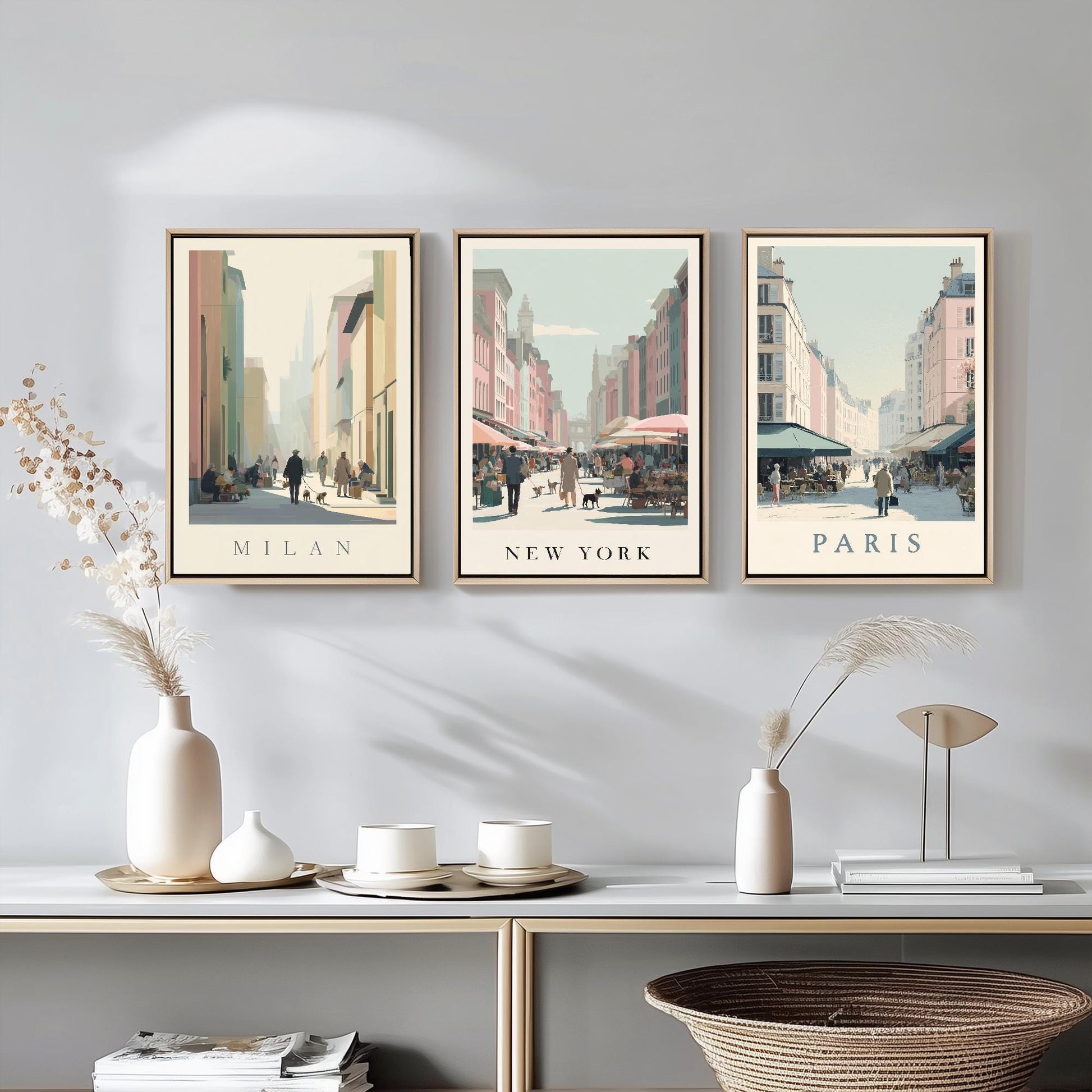 Milan, New York, Paris Set of Three Minimalist Market Posters - 3 Modern Travel Art Prints - Photo Painting Illustration Gift Map Retro