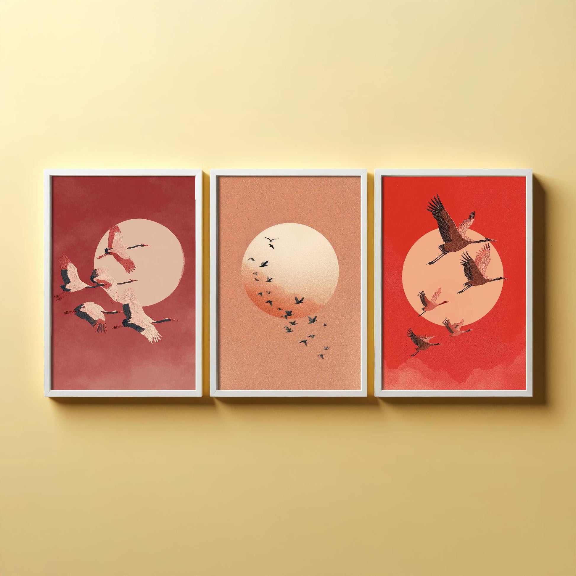 Birds in Sky with Large Moon Set of Three Art Prints - Red Tones - 3 Paintings - Subtle Japanese Style - Poster of Ukiyo-e Hokusai - Maroon