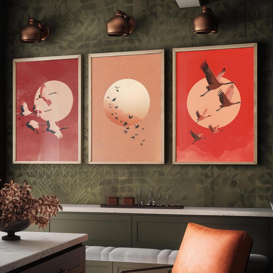 Birds in Sky with Large Moon Set of Three Art Prints - Red Tones - 3 Paintings - Subtle Japanese Style - Poster of Ukiyo-e Hokusai - Maroon