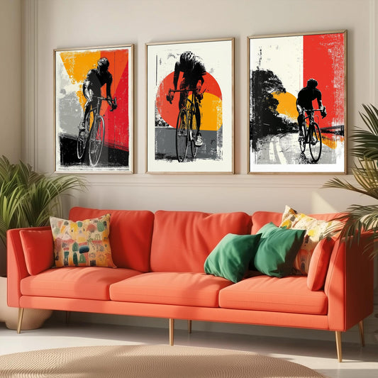 Cycling Block Print in Red Orange and Grey Set of Three Posters - 3 Sport Lycra Art Prints - Bicycle Painting Gift Grand Tour Road Racing