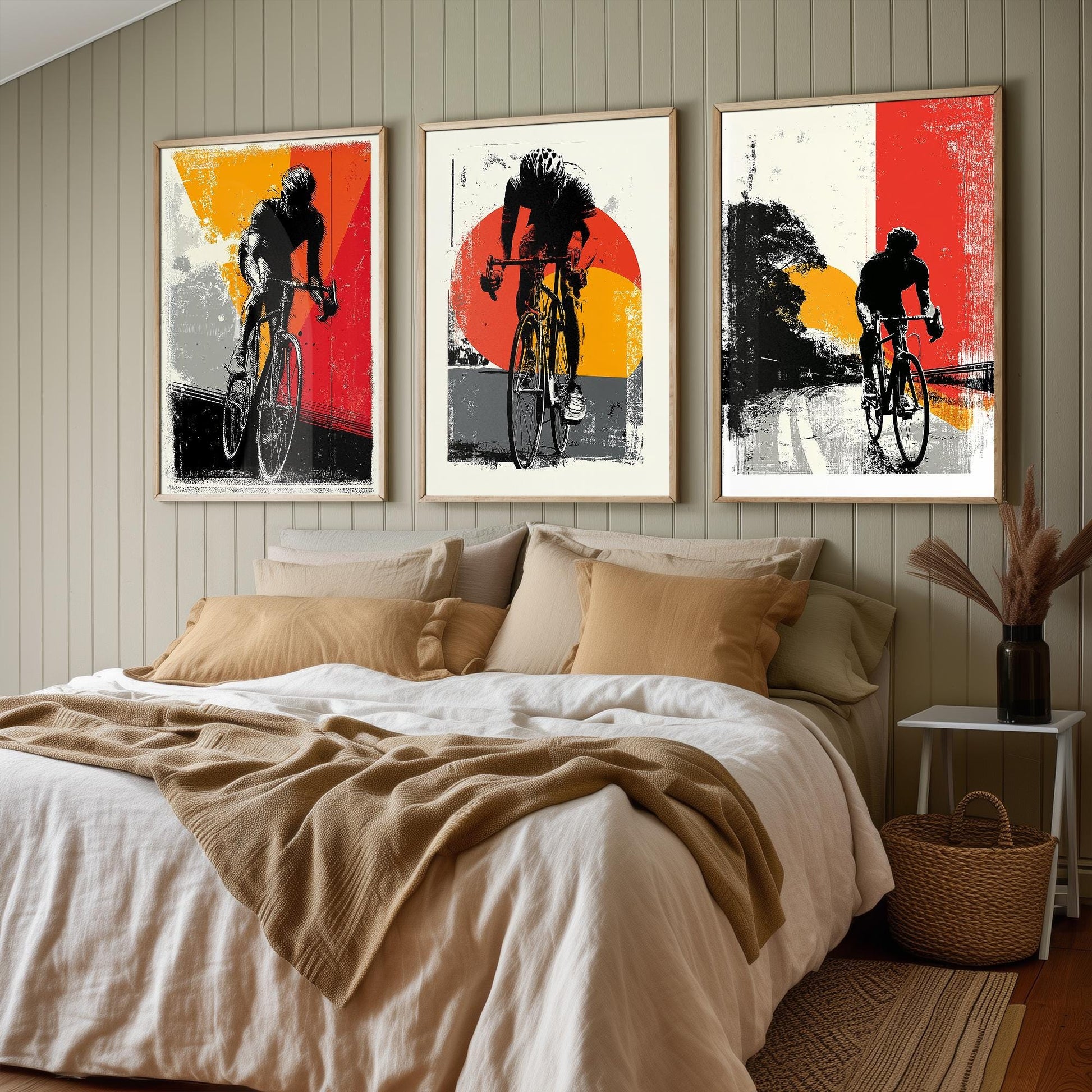 Cycling Block Print in Red Orange and Grey Set of Three Posters - 3 Sport Lycra Art Prints - Bicycle Painting Gift Grand Tour Road Racing
