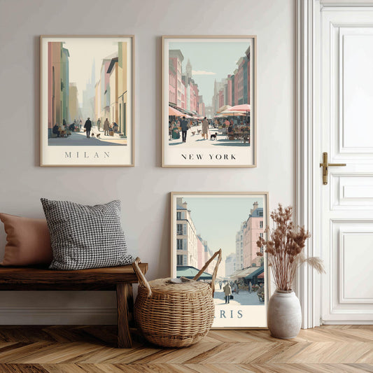 Milan, New York, Paris Set of Three Minimalist Market Posters - 3 Modern Travel Art Prints - Photo Painting Illustration Gift Map Retro