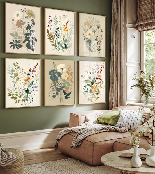 Set of Six Vintage Light Floral Art Prints - Set of 6 Flower Plants Posters - Paintings Photo Wall Gift Ferns Botanical Meadow V13 V9