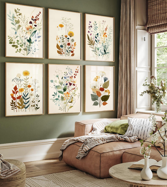 Set of Six Vintage Yellow Floral Art Prints - Set of 6 Flower Plants Posters - Paintings Photo Wall Gift Ferns Botanical Meadow V9 V7