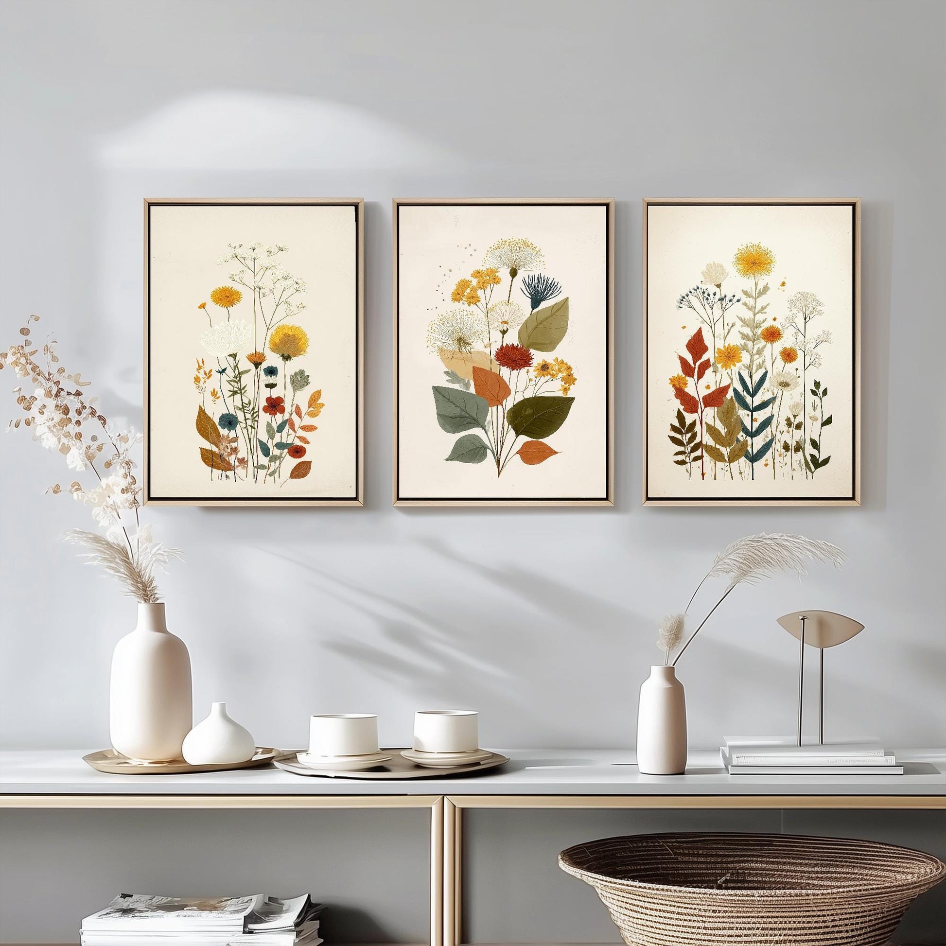 Set of Three Vintage Flower Prints V7 - Set of 3 Floral Plants - Paintings Photo Poster Wall Art Gift Museum Giclee Yellow Bouquet Botanical