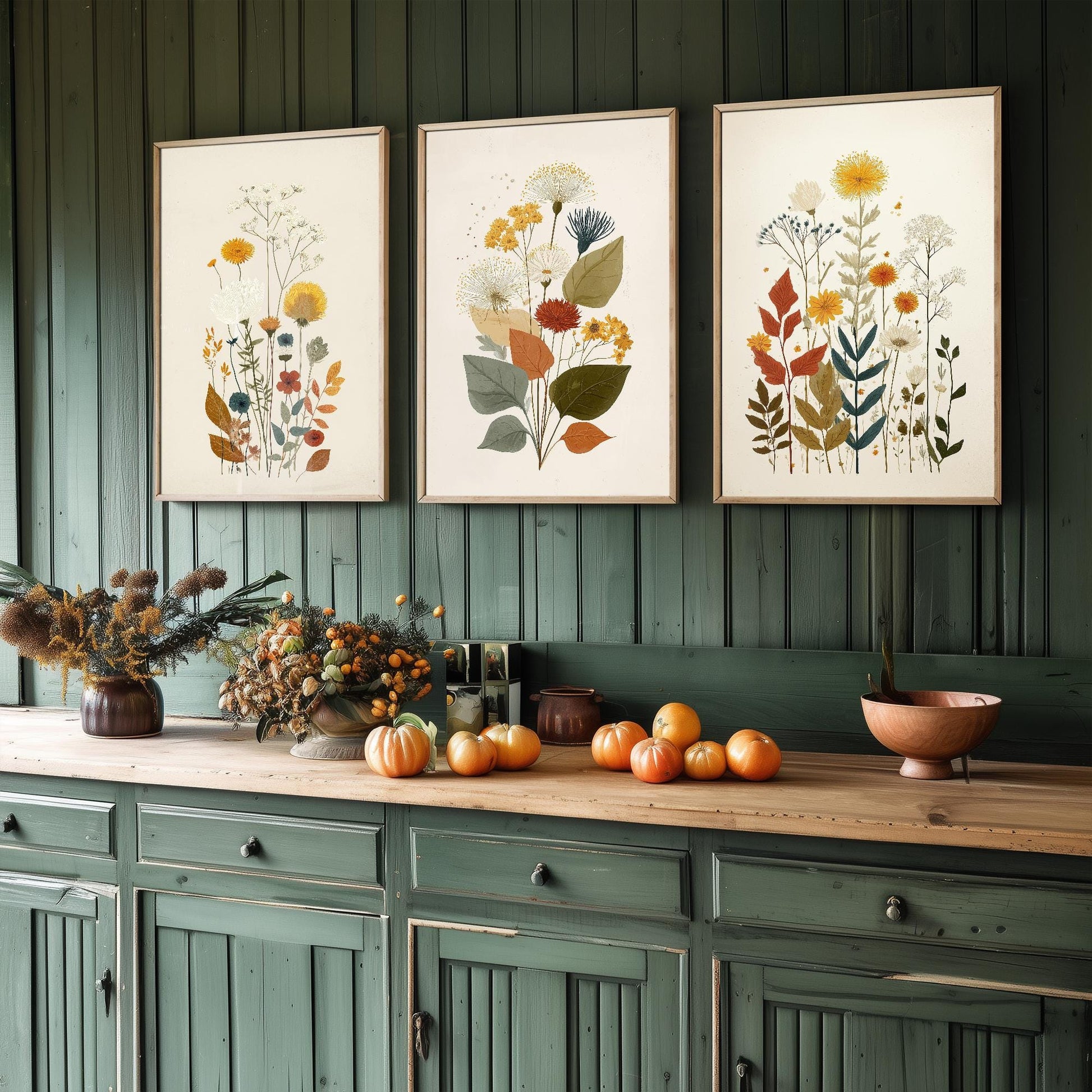 Set of Three Vintage Flower Prints V7 - Set of 3 Floral Plants - Paintings Photo Poster Wall Art Gift Museum Giclee Yellow Bouquet Botanical