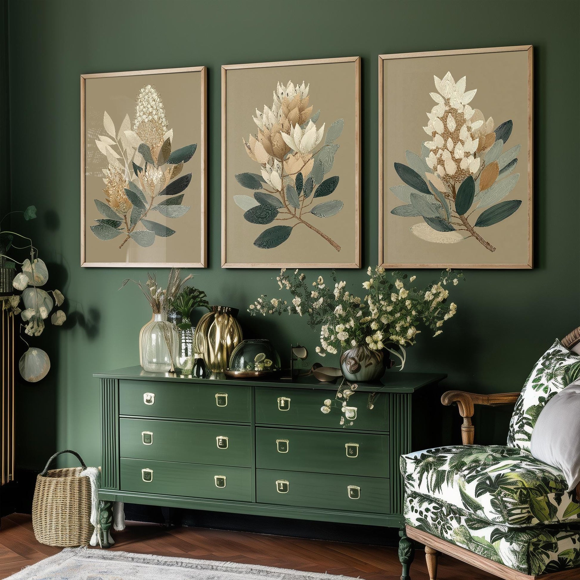Set of Three Vintage Flower Prints V17 - Set of 3 Floral Plants - Paintings Photo Poster Wall Art Gift Museum Giclee Rust Ferns Botanical