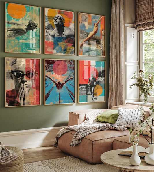 Set of Six Swimming Collage Art Prints - Set of 6 Paint Water Butterfly Stroke Pool Posters - Paintings Photo Wall Gift Sport Goggles Colour