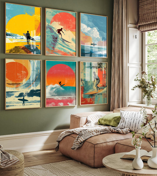 Set of Six Surfing Collage Art Prints - Set of 6 Paint Water Ocean Wave Sunset Posters - Paintings Photo Wall Gift Sport Surfboard Cornwall