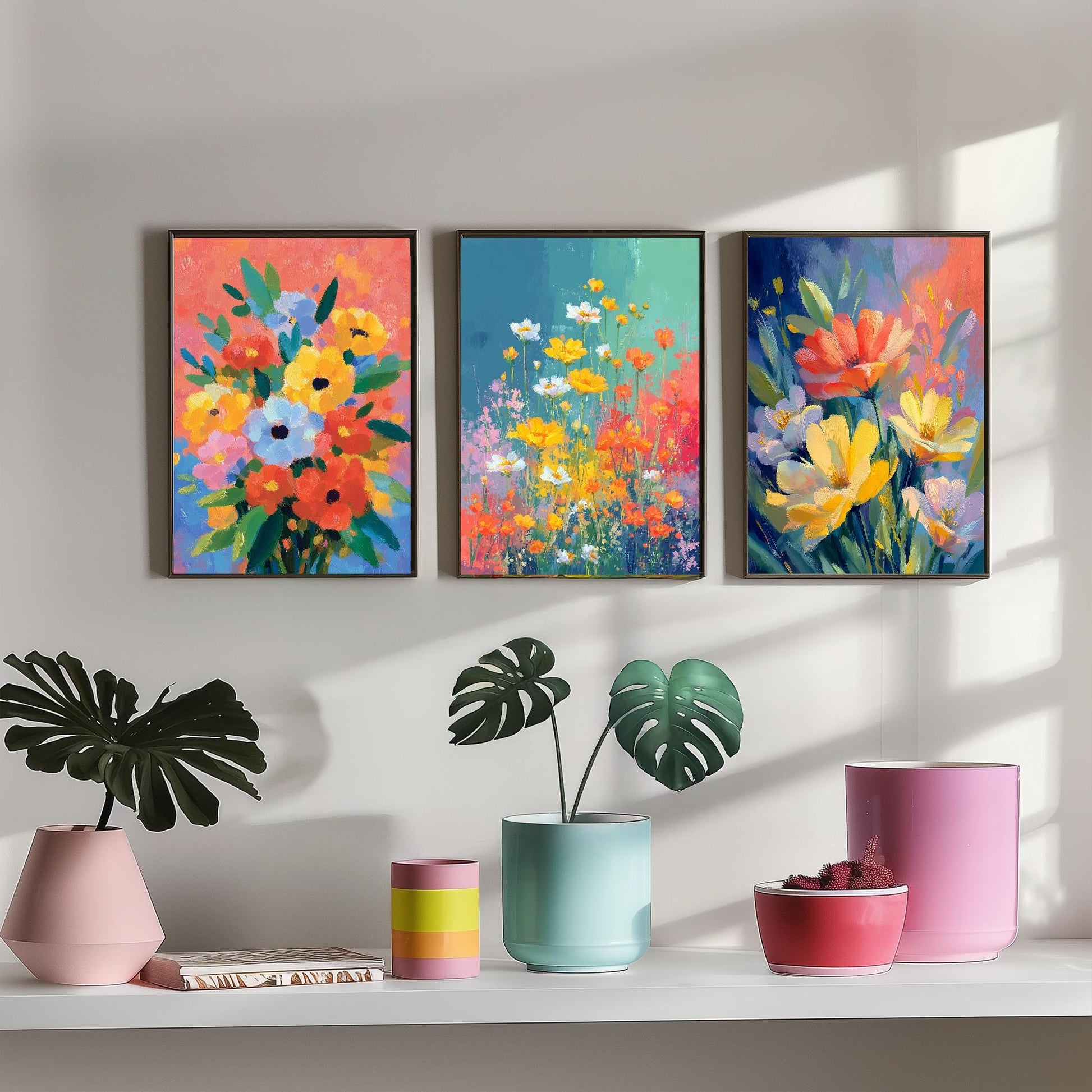 Set of Three Floral Watercolour Vintage Art Prints - Set of 3 Spring Meadow Bouqet - Paintings Photo Poster Wall Gift Museum Botanical