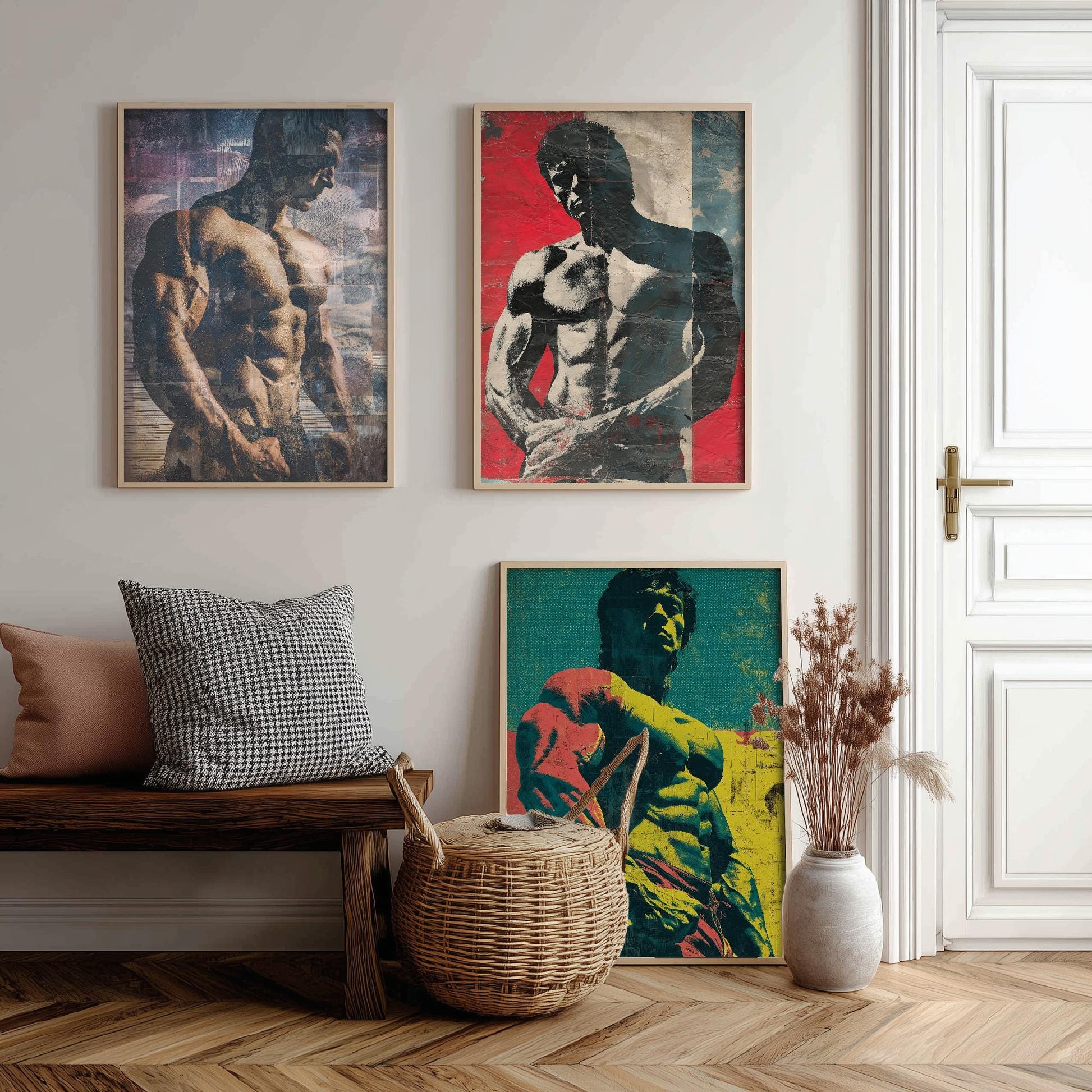 Set of Three Vintage Bodybuilding Posters - Bodybuilder Collage V2 Art Prints - Creative Photography Painting Design - Patchwork Gym Fitness