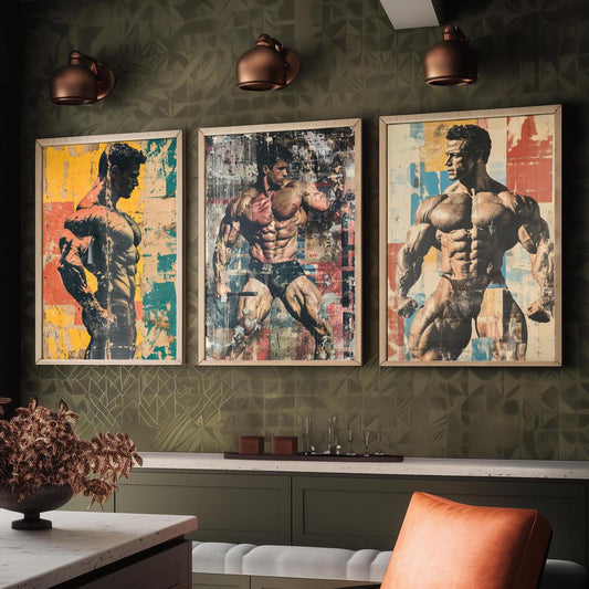 Set of Three Vintage Bodybuilding Posters - Bodybuilder Collage V3 Art Prints - Creative Photography Painting Design - Patchwork Gym Fitness