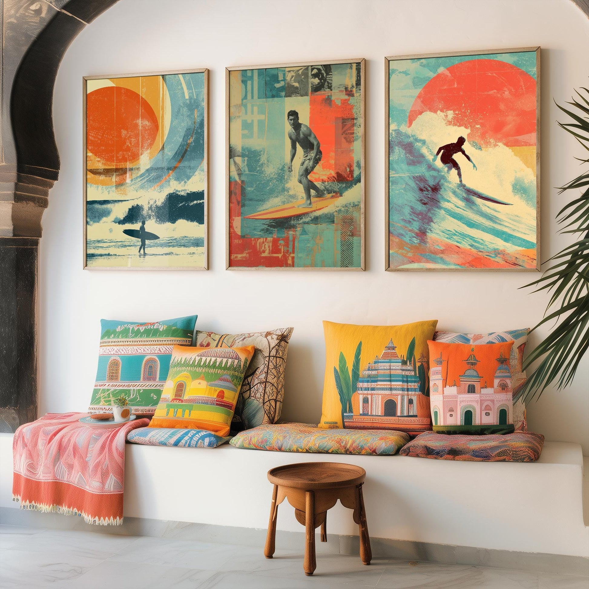 Set of Three Vintage Surfing Posters - Ocean Sunset Collage V1 Art Prints - Creative Photography Painting Design - Patchwork Surfboard Surf