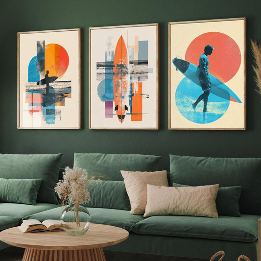 Set of Three Vintage Surfing Posters - Ocean Sunset Collage V2 Art Prints - Creative Photography Painting Design - Patchwork Surfboard Surf