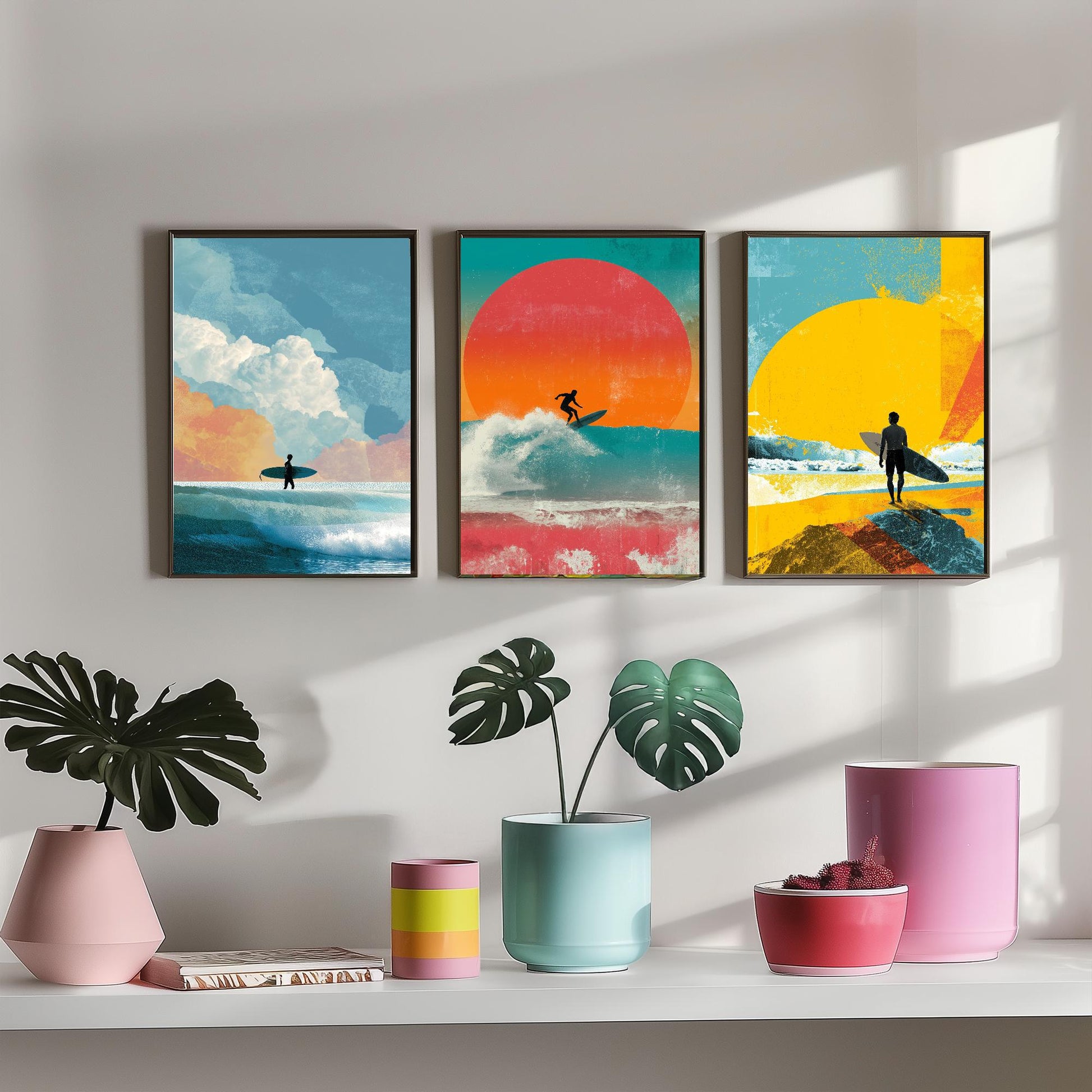 Set of Three Vintage Surfing Posters - Ocean Sunset Collage V3 Art Prints - Creative Photography Painting Design - Patchwork Surfboard Surf