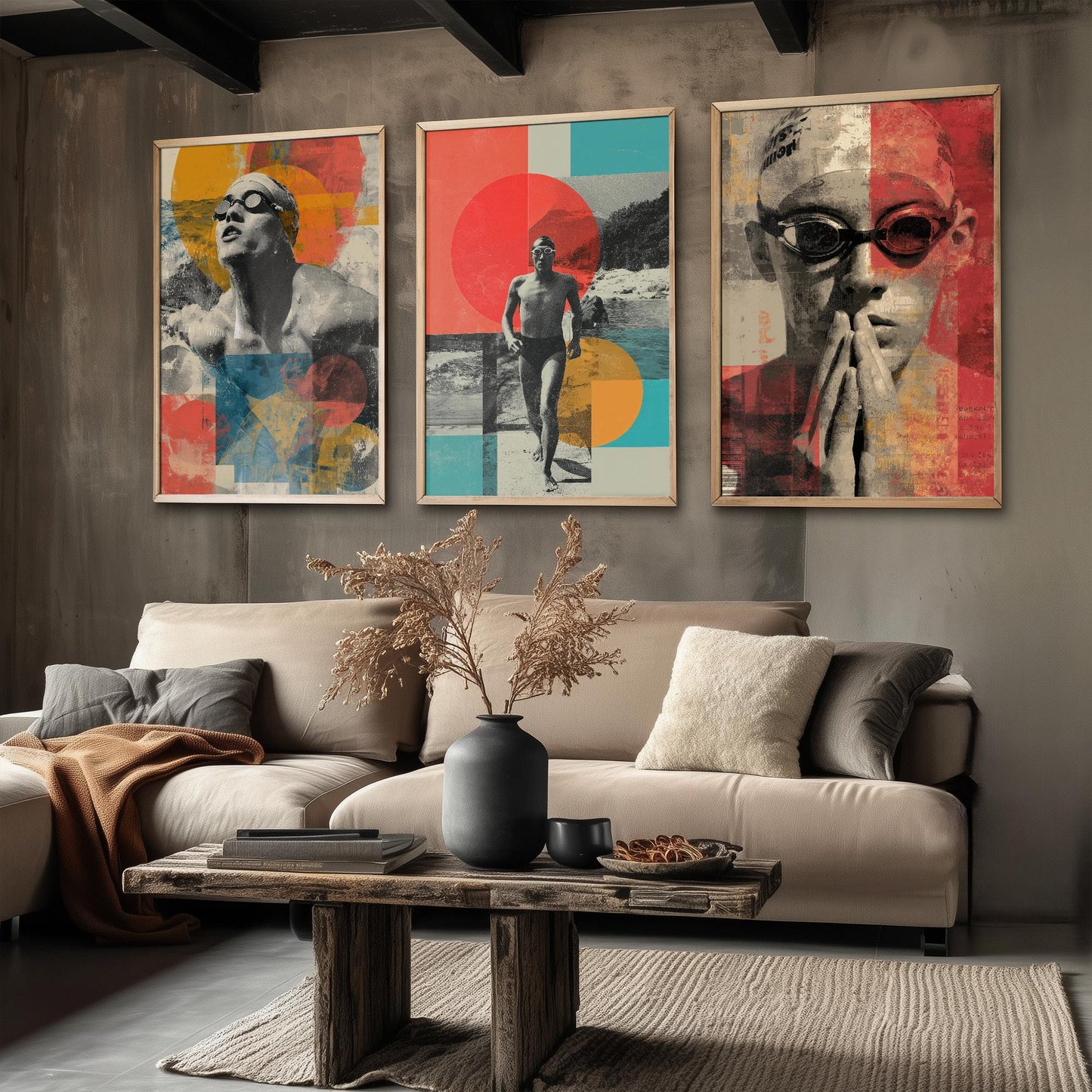 Set of Three Vintage Swimming Posters - Pool Sunset Collage V2 Art Prints - Creative Photography Painting Design - Patchwork Lane Swimmer