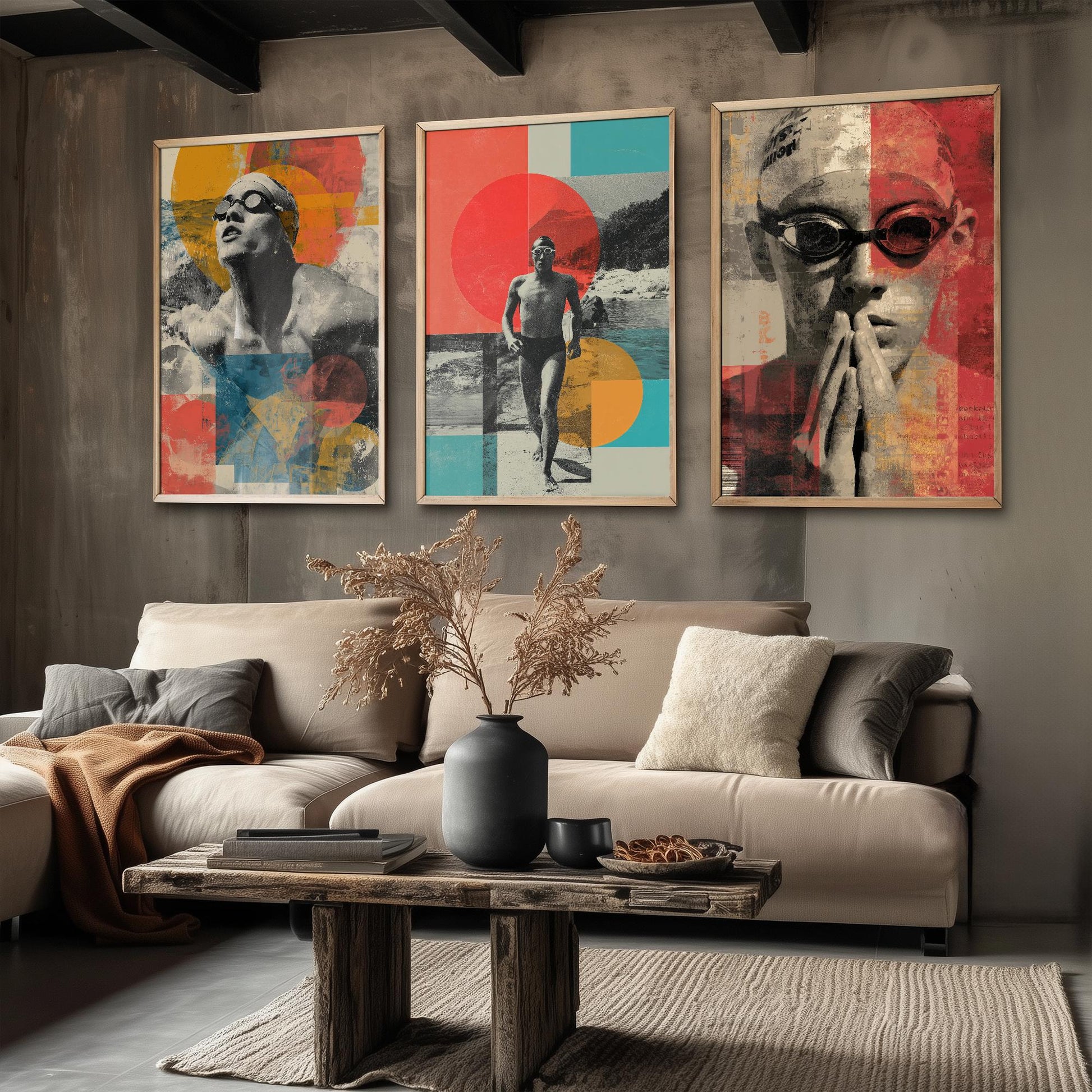 Set of Three Vintage Swimming Posters - Pool Sunset Collage V2 Art Prints - Creative Photography Painting Design - Patchwork Lane Swimmer