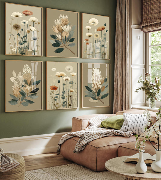 Set of Six Vintage Fern and Flower Art Prints - Set of 6 Flower Plants Posters - Paintings Photo Wall Gift Botanical Meadow V17 V5