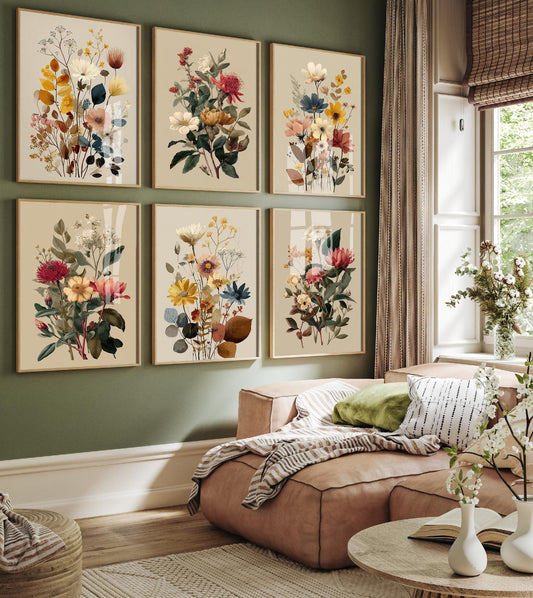 Set of Six Vintage Brown Bouquet Floral Art Prints - Set of 6 Flower Plants Posters - Paintings Photo Wall Gift Botanical Meadow V12 V11