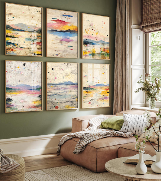 Set of Six Colourful Landscape Art Prints - Set of 6 Paint Splatter Posters - Paintings Photo Wall Gift Strange Abstract Exposure Mountain