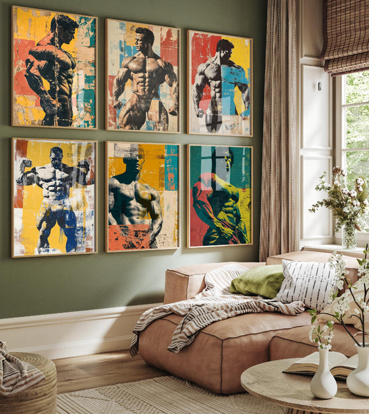 Set of Six Bodybuilding Collage Art Prints - Set of 6 Bodybuilder Gym Muscle Posters - Paintings Photo Wall Gift Sport Weight Lifting Body