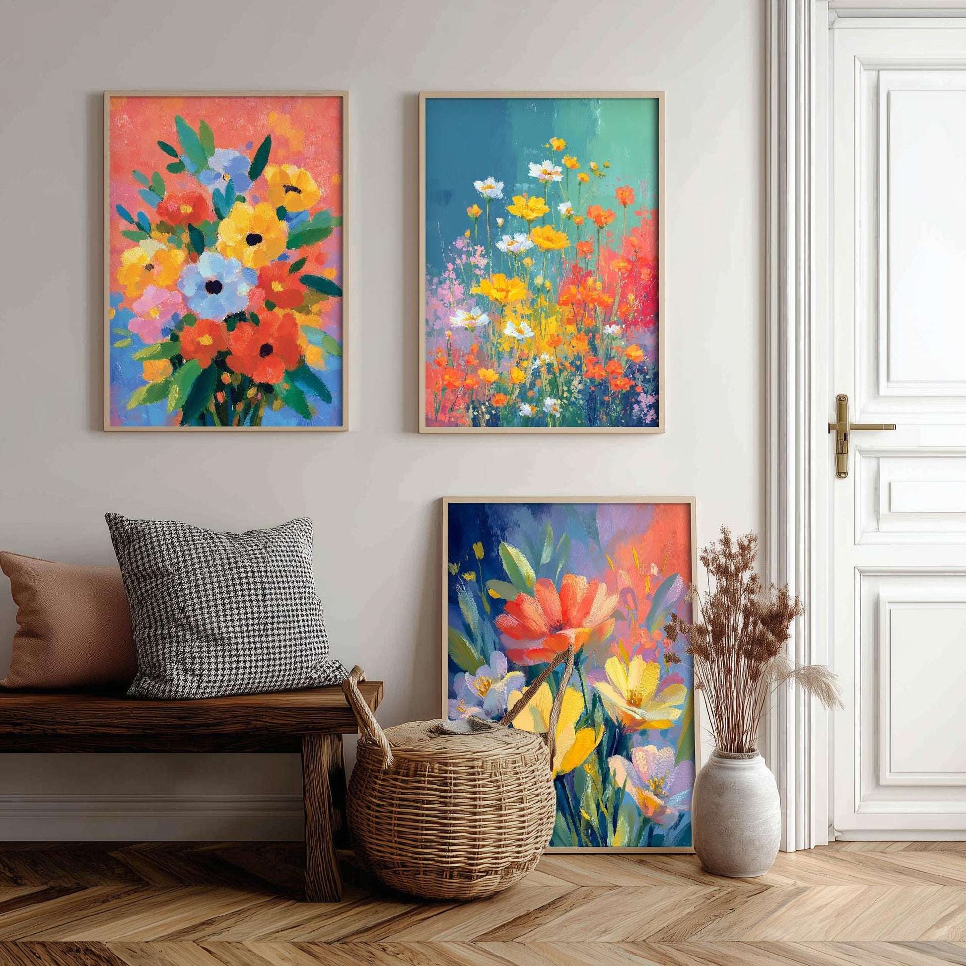 Set of Three Floral Watercolour Vintage Art Prints - Set of 3 Spring Meadow Bouqet - Paintings Photo Poster Wall Gift Museum Botanical