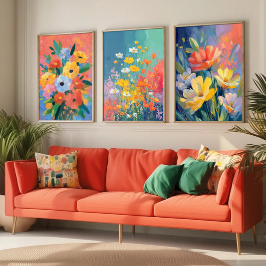 Set of Three Floral Watercolour Vintage Art Prints - Set of 3 Spring Meadow Bouqet - Paintings Photo Poster Wall Gift Museum Botanical