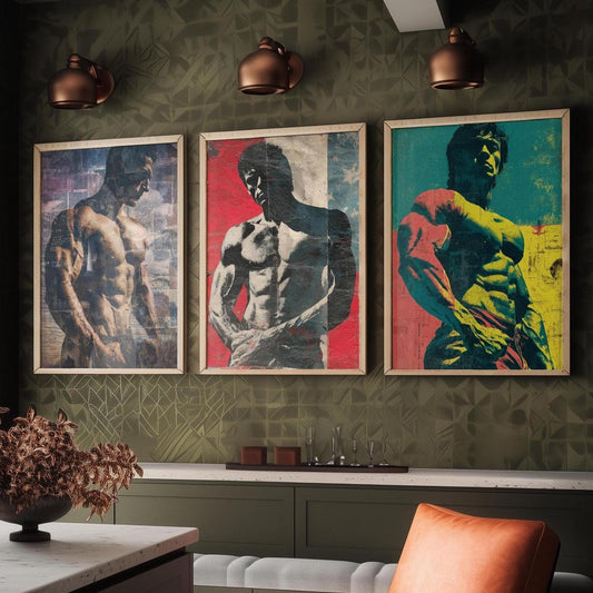 Set of Three Vintage Bodybuilding Posters - Bodybuilder Collage V2 Art Prints - Creative Photography Painting Design - Patchwork Gym Fitness