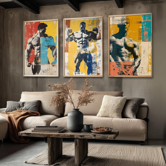 Set of Three Vintage Bodybuilding Posters - Bodybuilder Collage V4 Art Prints - Creative Photography Painting Design - Patchwork Gym Fitness