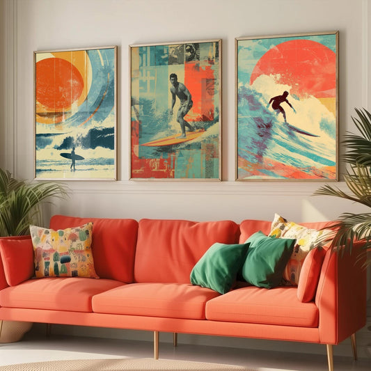 Set of Three Vintage Surfing Posters - Ocean Sunset Collage V1 Art Prints - Creative Photography Painting Design - Patchwork Surfboard Surf