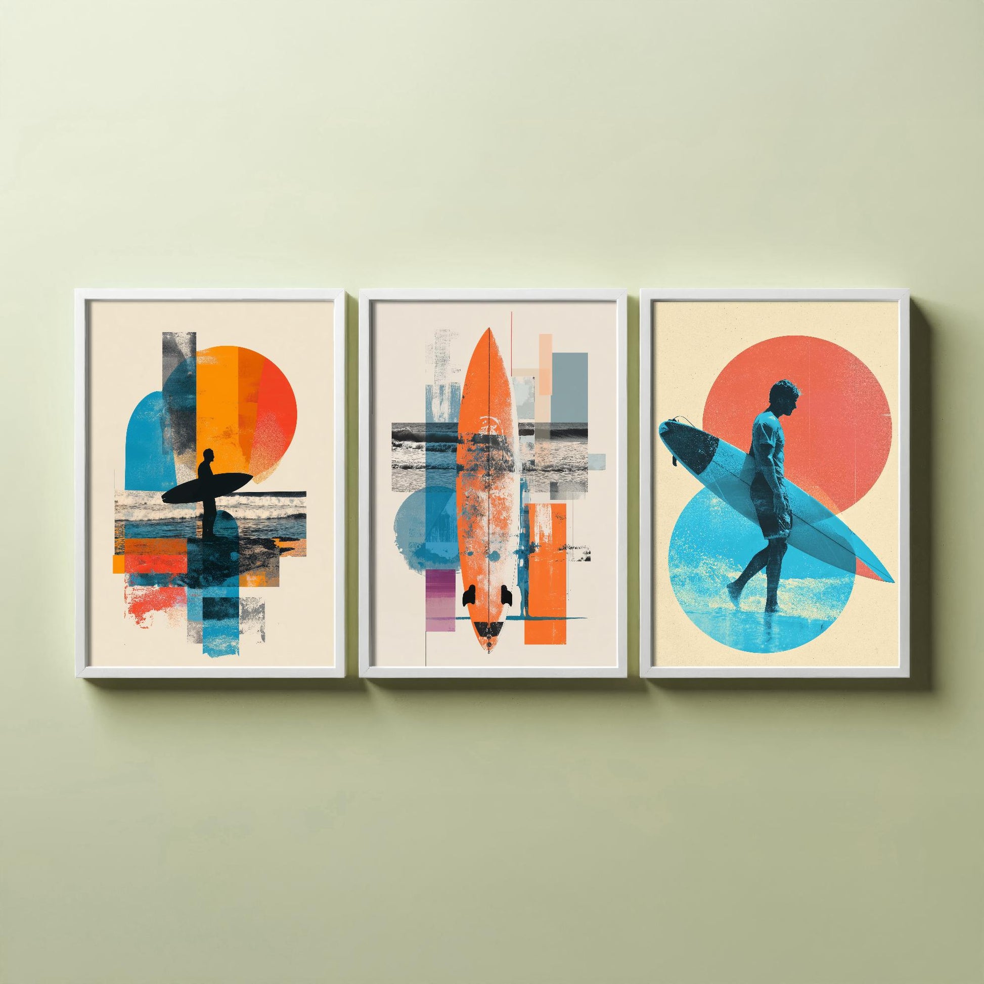 Set of Three Vintage Surfing Posters - Ocean Sunset Collage V2 Art Prints - Creative Photography Painting Design - Patchwork Surfboard Surf