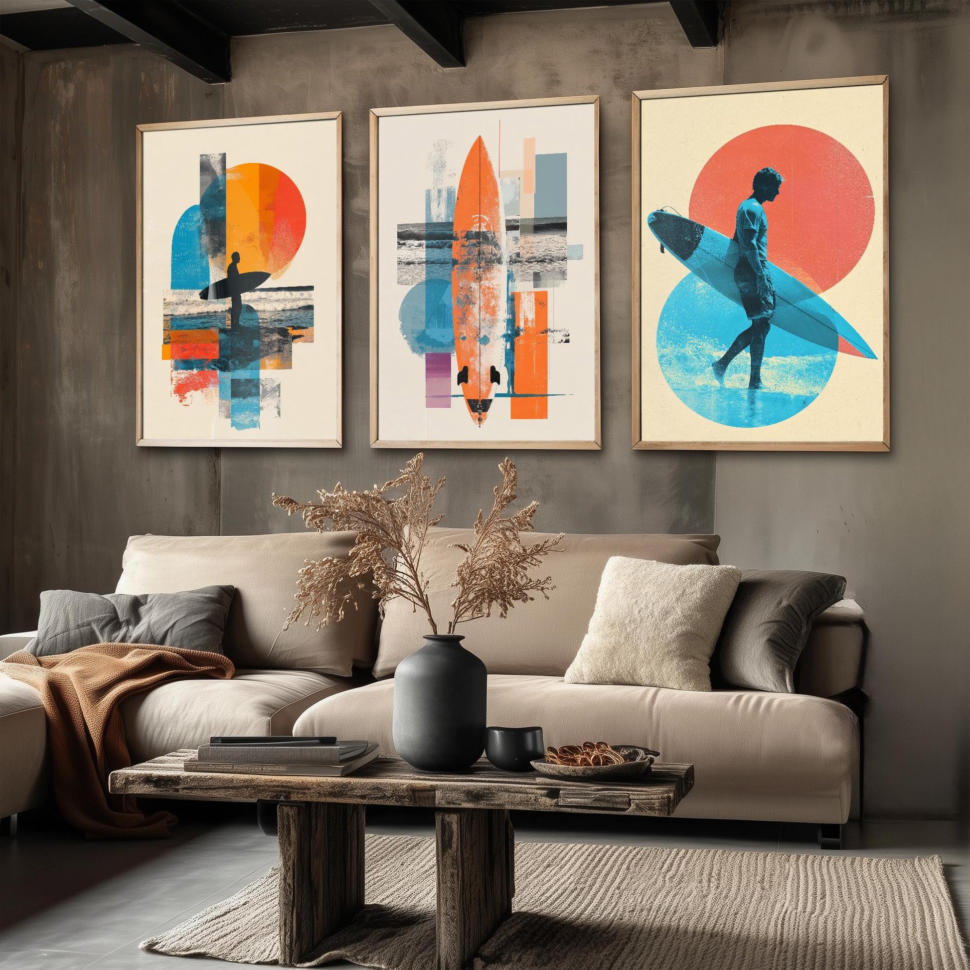 Set of Three Vintage Surfing Posters - Ocean Sunset Collage V2 Art Prints - Creative Photography Painting Design - Patchwork Surfboard Surf