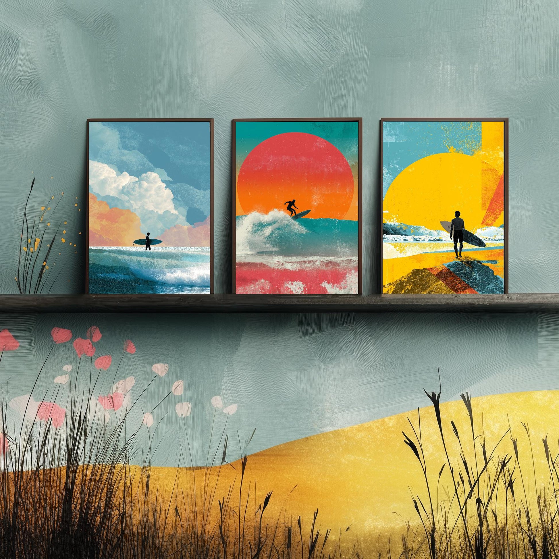 Set of Three Vintage Surfing Posters - Ocean Sunset Collage V3 Art Prints - Creative Photography Painting Design - Patchwork Surfboard Surf