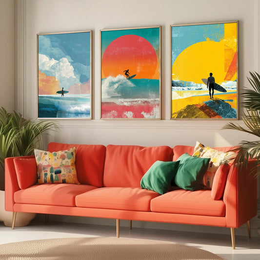 Set of Three Vintage Surfing Posters - Ocean Sunset Collage V3 Art Prints - Creative Photography Painting Design - Patchwork Surfboard Surf