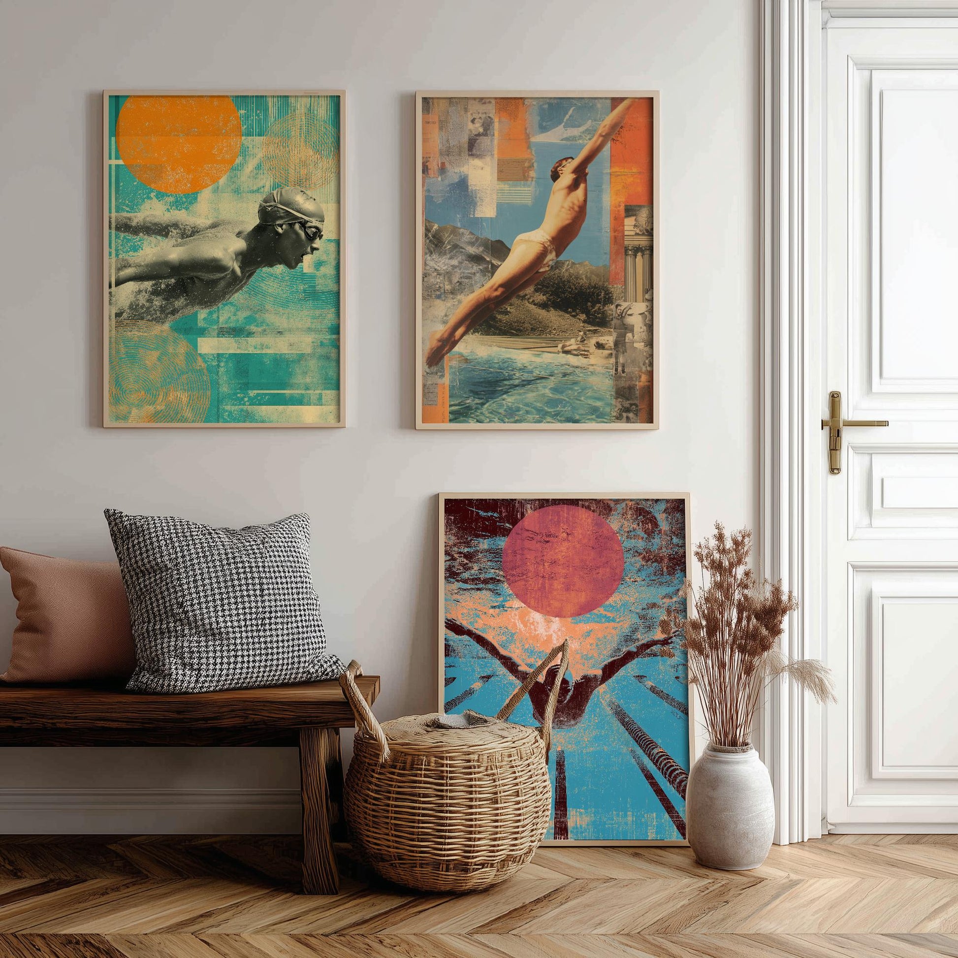 Set of Three Vintage Swimming Posters - Pool Sunset Collage V1 Art Prints - Creative Photography Painting Design - Patchwork Lane Swimmer