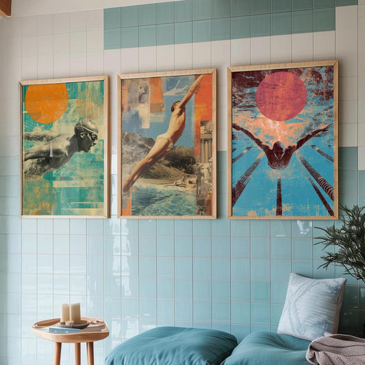 Set of Three Vintage Swimming Posters - Pool Sunset Collage V1 Art Prints - Creative Photography Painting Design - Patchwork Lane Swimmer