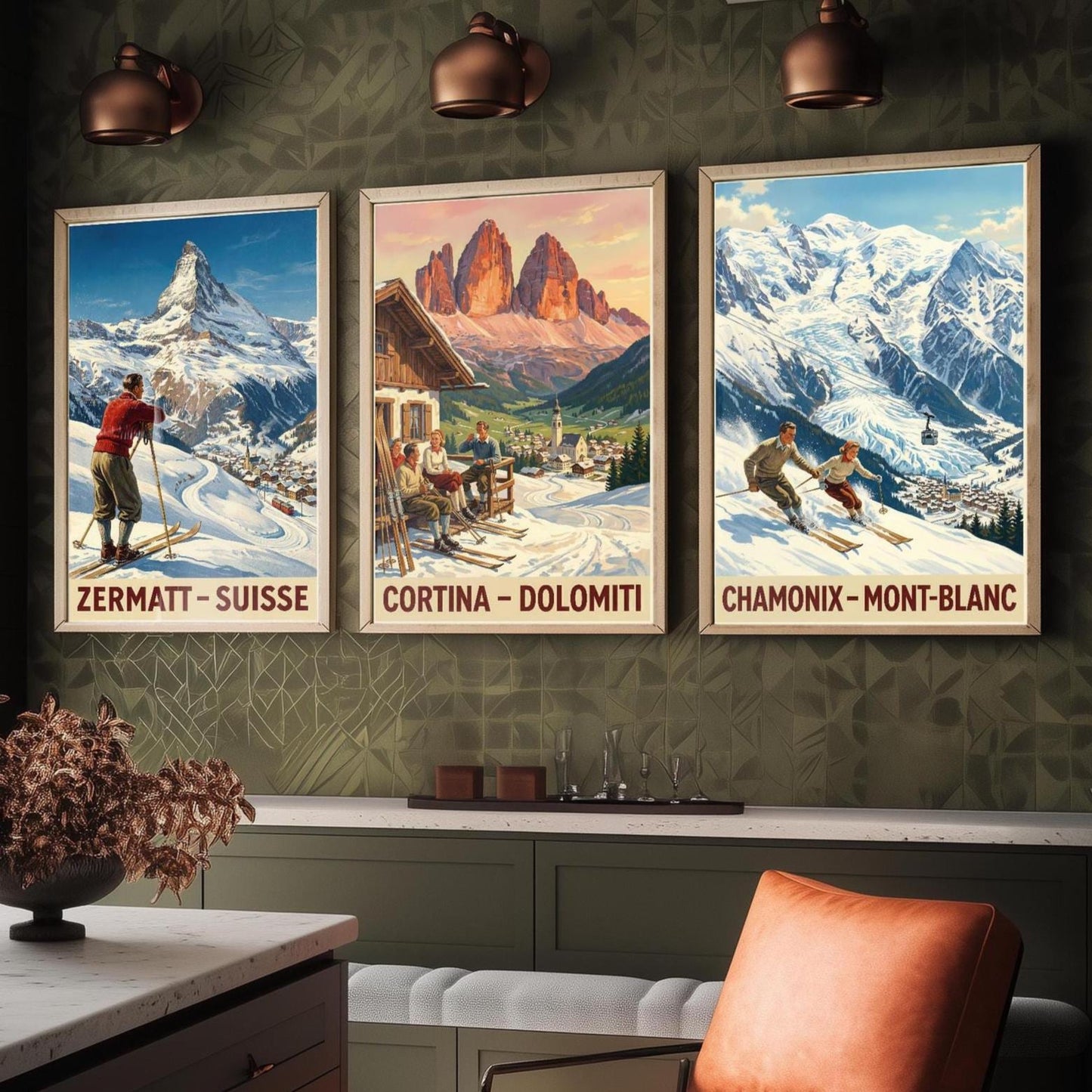Vintage Alpine Skiing Posters - Zermatt, Cortina D'Ampezzo, Charmonix Art Prints - 3 Winter Painting, Set of Three Ski Gift Mont Blanc